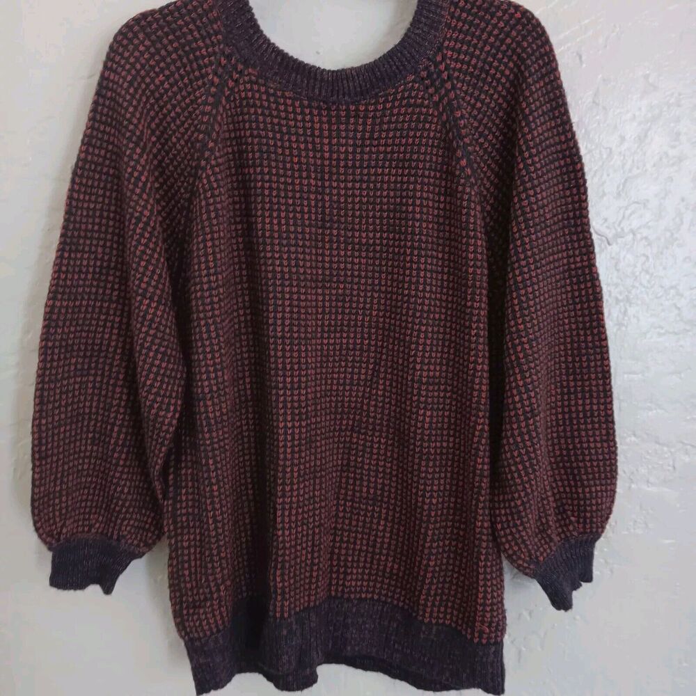 Leith Knit Sweater Womens Medium Red Blue Check Cold Shoulder